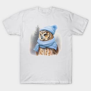 Adorable cute owl wearing a Blue hat and scarf T-Shirt